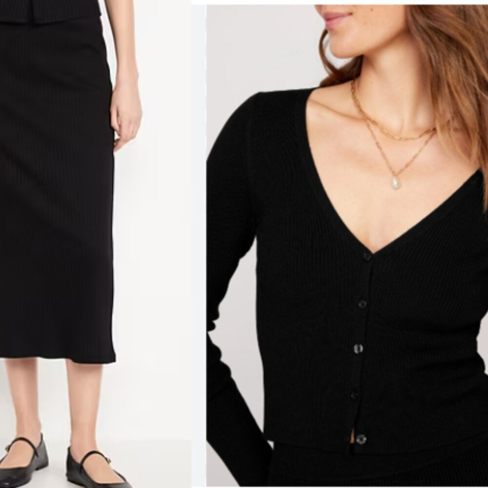 Rib-Knit Cropped Cardigan Midi-Skirt set
